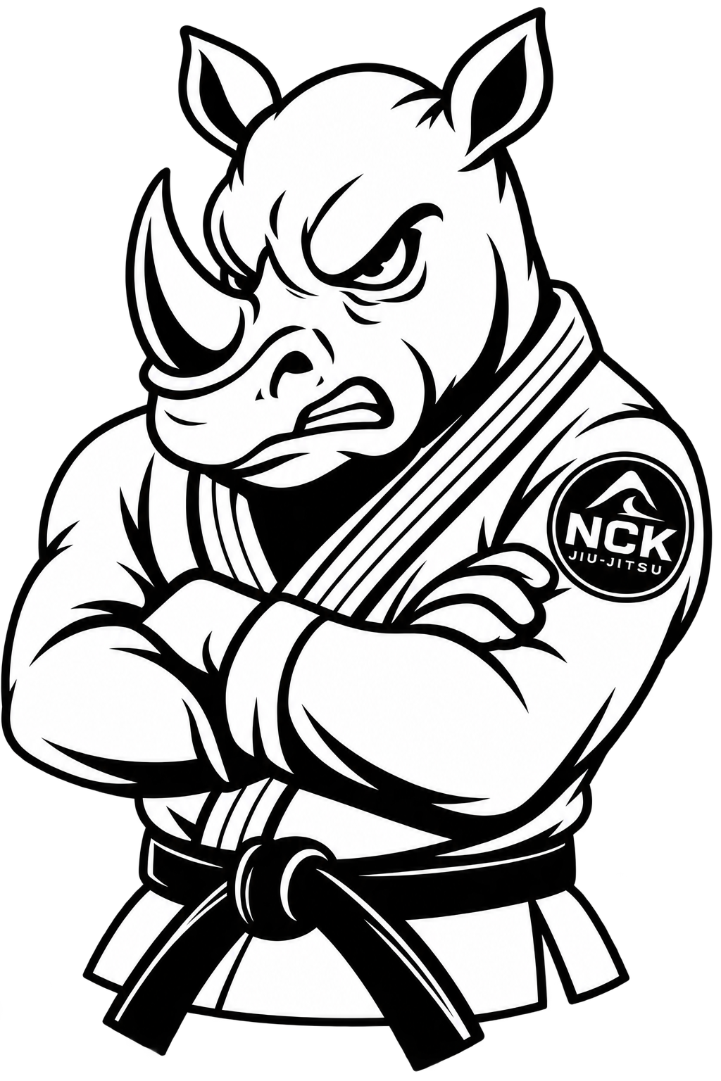 Mascote do NCK Jiu-Jitsu: rinoceronte de kimono e faixa preta
